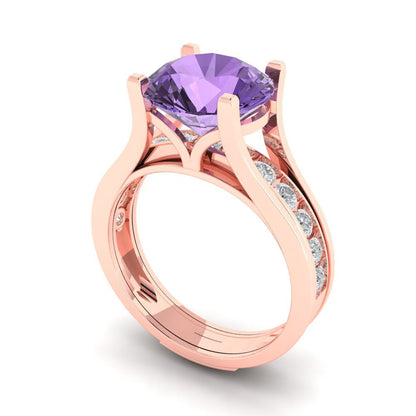 3.39 cttw Round Cut Simulated Alexandrite Bridal Set - Solid Rose Gold Engagement Ring & Wedding Band