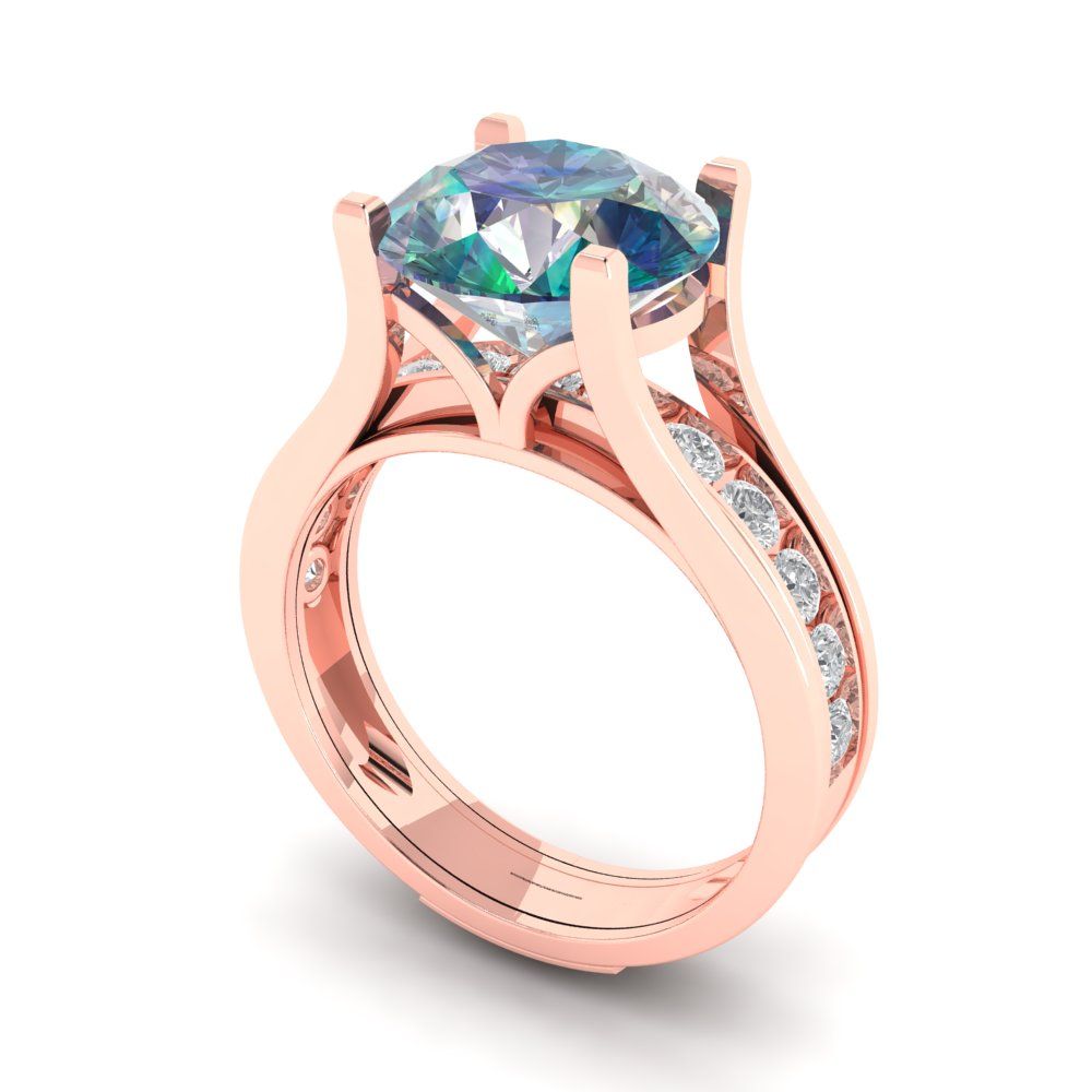 3.39 cttw Round Cut Blue Moissanite Bridal Set - Solid Rose Gold Engagement Ring & Wedding Band