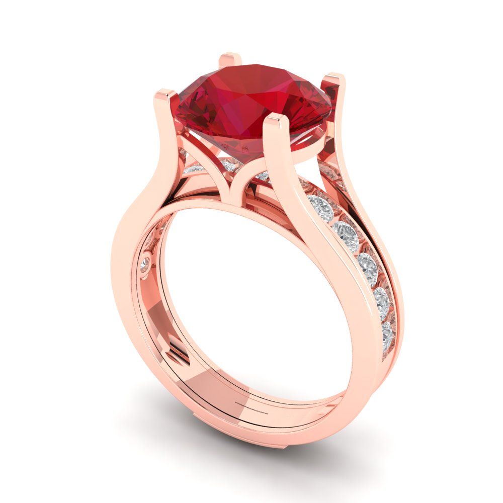 3.39 cttw Round Cut Simulated Pink Tourmaline Bridal Set - Solid Rose Gold Engagement Ring & Wedding Band