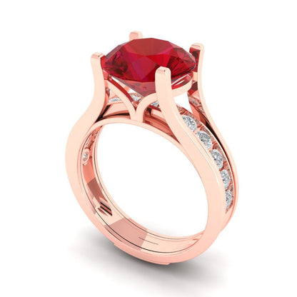 3.39 cttw Round Cut Simulated Pink Tourmaline Bridal Set - Solid Rose Gold Engagement Ring & Wedding Band