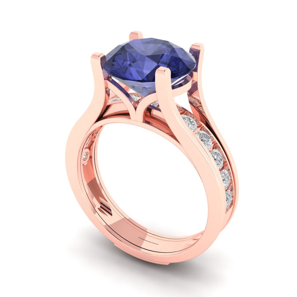 3.39 cttw Round Cut Simulated Tanzanite Bridal Set - Solid Rose Gold Engagement Ring & Wedding Band