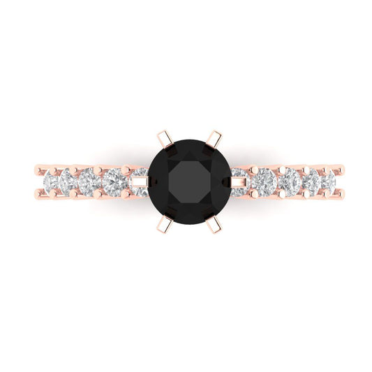 1.05 cttw Natural Onyx Solitaire with Zirconia Simulated Diamond Accents Engagement Ring - Solid Rose Gold (VVS1, Round Cut,6.0mm)