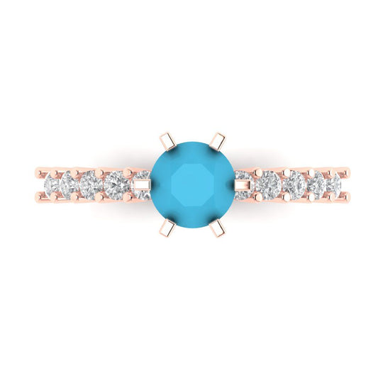 1.05 cttw Simulated Turquoise Solitaire with Zirconia Simulated Diamond Accents Engagement Ring - Solid Rose Gold (VVS1, Round Cut,6.0mm)