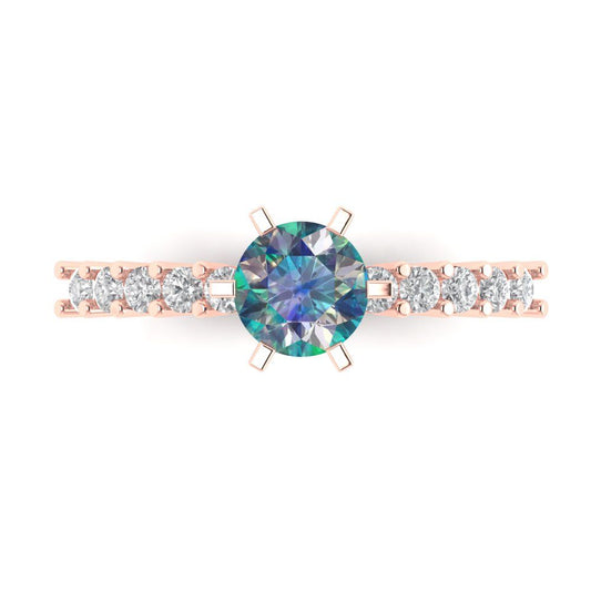1.05 cttw Blue Moissanite Solitaire with Zirconia Simulated Diamond Accents Engagement Ring - Solid Rose Gold (VVS1, Round Cut,6.0mm)