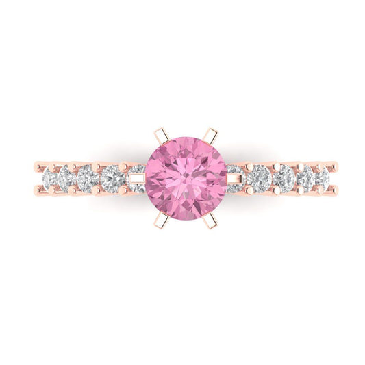 1.05 cttw Zirconia Simulated Pink Diamond Solitaire with Zirconia Simulated Diamond Accents Engagement Ring - Solid Rose Gold (VVS1, Round Cut,6.0mm)