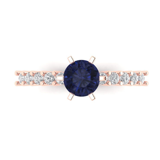 1.05 cttw Simulated Blue Sapphire Solitaire with Zirconia Simulated Diamond Accents Engagement Ring - Solid Rose Gold (VVS1, Round Cut,6.0mm)