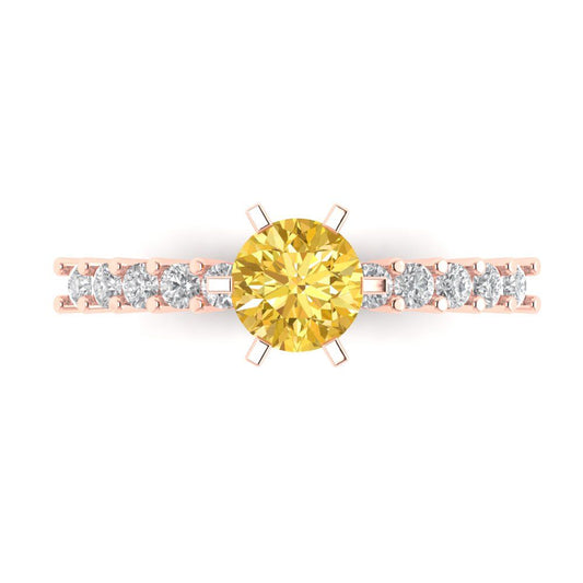 1.05 cttw Zirconia Simulated Yellow Diamond Solitaire with Zirconia Simulated Diamond Accents Engagement Ring - Solid Rose Gold (VVS1, Round Cut,6.0mm)
