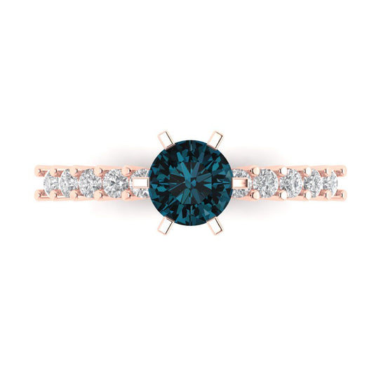 1.05 cttw Natural London Blue Topaz Solitaire with Zirconia Simulated Diamond Accents Engagement Ring - Solid Rose Gold (VVS1, Round Cut,6.0mm)