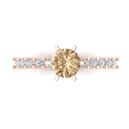 1.05 cttw Yellow Moissanite Solitaire with Zirconia Simulated Diamond Accents Engagement Ring - Solid Rose Gold (VVS1, Round Cut,6.0mm)