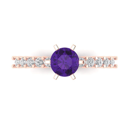 1.05 cttw Natural Amethyst Solitaire with Zirconia Simulated Diamond Accents Engagement Ring - Solid Rose Gold (VVS1, Round Cut,6.0mm)