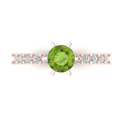 1.05 cttw Natural Peridot Solitaire with Zirconia Simulated Diamond Accents Engagement Ring - Solid Gold (Round Cut,6.0mm)