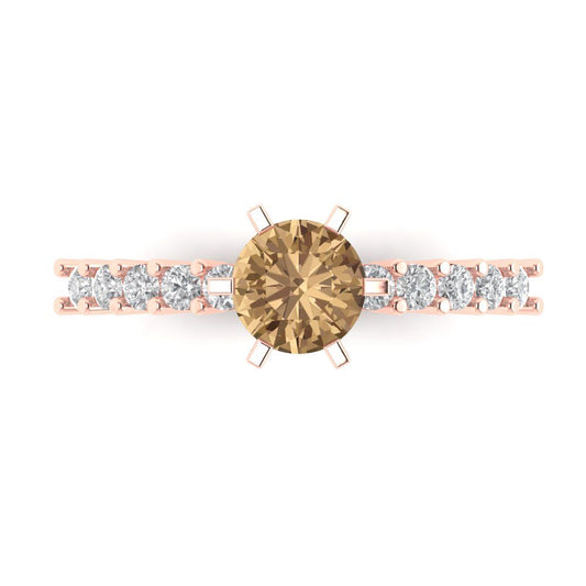 1.05 cttw Zirconia Simulated Champagne Diamond Solitaire with Zirconia Simulated Diamond Accents Engagement Ring - Solid Rose Gold (VVS1, Round Cut,6.0mm)