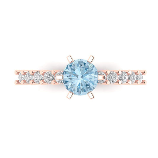 1.05 cttw Natural Swiss Blue Topaz Solitaire with Zirconia Simulated Diamond Accents Engagement Ring - Solid Rose Gold (VVS1, Round Cut,6.0mm)