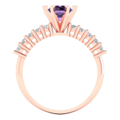 1.05 cttw Simulated Alexandrite Solitaire with Zirconia Simulated Diamond Accents Engagement Ring - Solid Gold (Round Cut,6.0mm)