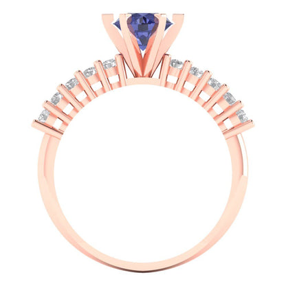 1.05 cttw Simulated Tanzanite Solitaire with Zirconia Simulated Diamond Accents Engagement Ring - Solid Gold (Round Cut,6.0mm)