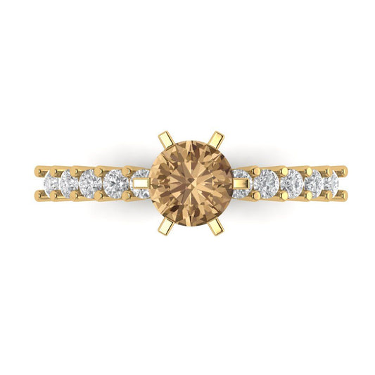 1.05 cttw Zirconia Simulated Champagne Diamond Solitaire with Zirconia Simulated Diamond Accents Engagement Ring - Solid Yellow Gold (VVS1, Round Cut,6.0mm)