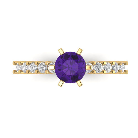 1.05 cttw Natural Amethyst Solitaire with Zirconia Simulated Diamond Accents Engagement Ring - Solid Yellow Gold (VVS1, Round Cut,6.0mm)