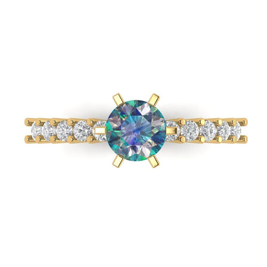 1.05 cttw Blue Moissanite Solitaire with Zirconia Simulated Diamond Accents Engagement Ring - Solid Yellow Gold (VVS1, Round Cut,6.0mm)