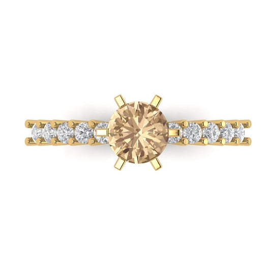 1.05 cttw Yellow Moissanite Solitaire with Zirconia Simulated Diamond Accents Engagement Ring - Solid Yellow Gold (VVS1, Round Cut,6.0mm)