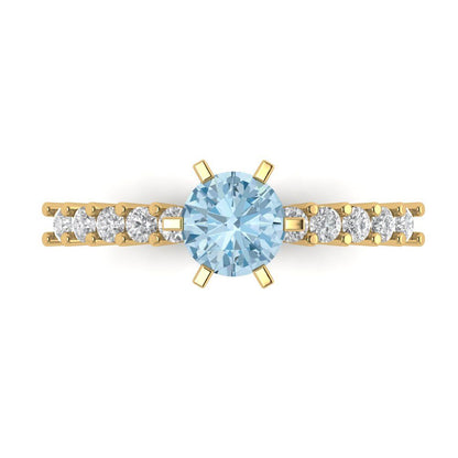 1.05 cttw Natural Swiss Blue Topaz Solitaire with Zirconia Simulated Diamond Accents Engagement Ring - Solid Gold (Round Cut,6.0mm)