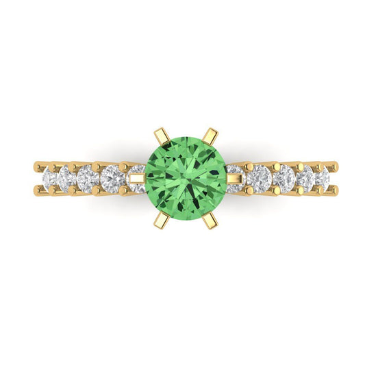 1.05 cttw Zirconia Simulated Green Diamond Solitaire with Zirconia Simulated Diamond Accents Engagement Ring - Solid Yellow Gold (VVS1, Round Cut,6.0mm)