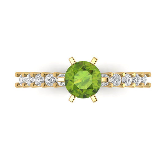 1.05 cttw Natural Peridot Solitaire with Zirconia Simulated Diamond Accents Engagement Ring - Solid Yellow Gold (VVS1, Round Cut,6.0mm)