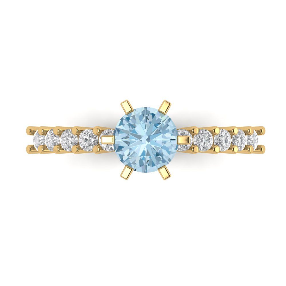 1.05 cttw Natural Aquamarine Solitaire with Zirconia Simulated Diamond Accents Engagement Ring - Solid Gold (Round Cut,6.0mm)