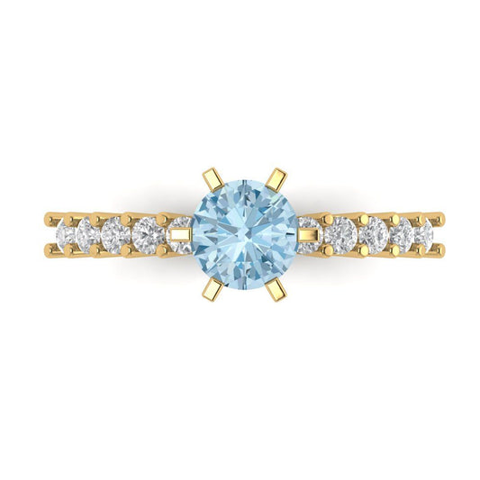 1.05 cttw Natural Aquamarine Solitaire with Zirconia Simulated Diamond Accents Engagement Ring - Solid Yellow Gold (VVS1, Round Cut,6.0mm)