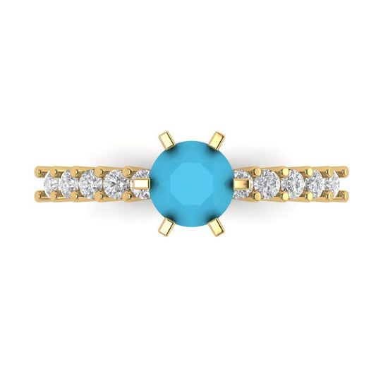 1.05 cttw Simulated Turquoise Solitaire with Zirconia Simulated Diamond Accents Engagement Ring - Solid Yellow Gold (VVS1, Round Cut,6.0mm)