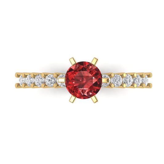 1.05 cttw Natural Garnet Solitaire with Zirconia Simulated Diamond Accents Engagement Ring - Solid Yellow Gold (VVS1, Round Cut,6.0mm)