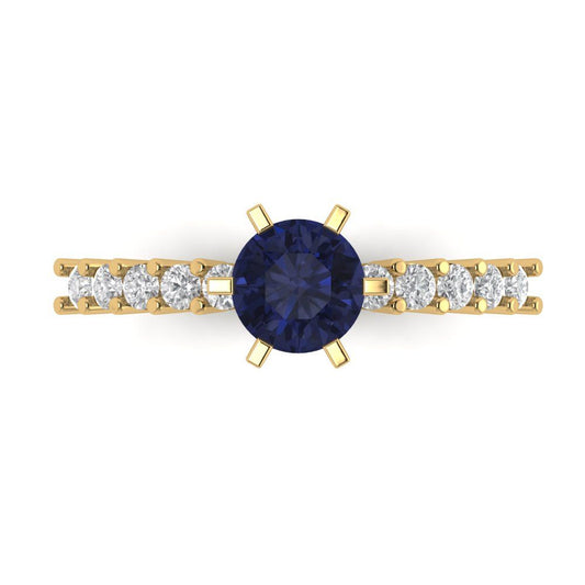 1.05 cttw Simulated Blue Sapphire Solitaire with Zirconia Simulated Diamond Accents Engagement Ring - Solid Yellow Gold (VVS1, Round Cut,6.0mm)