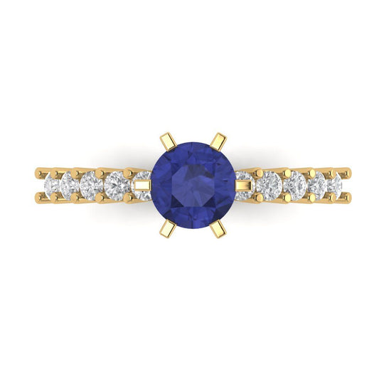 1.05 cttw Simulated Tanzanite Solitaire with Zirconia Simulated Diamond Accents Engagement Ring - Solid Yellow Gold (VVS1, Round Cut,6.0mm)