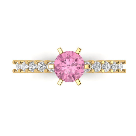 1.05 cttw Zirconia Simulated Pink Diamond Solitaire with Zirconia Simulated Diamond Accents Engagement Ring - Solid Yellow Gold (VVS1, Round Cut,6.0mm)