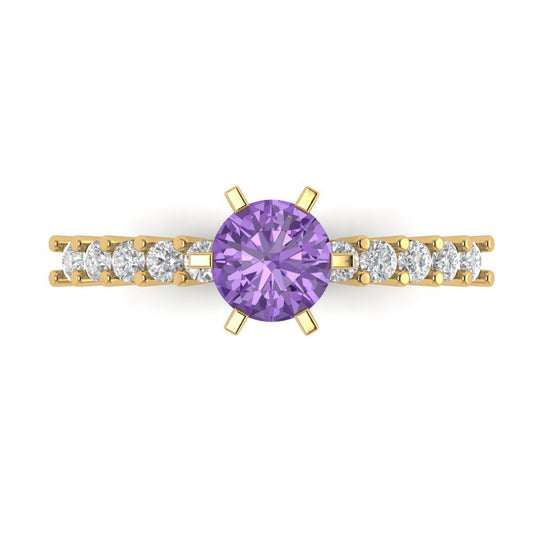 1.05 cttw Simulated Alexandrite Solitaire with Zirconia Simulated Diamond Accents Engagement Ring - Solid Yellow Gold (VVS1, Round Cut,6.0mm)