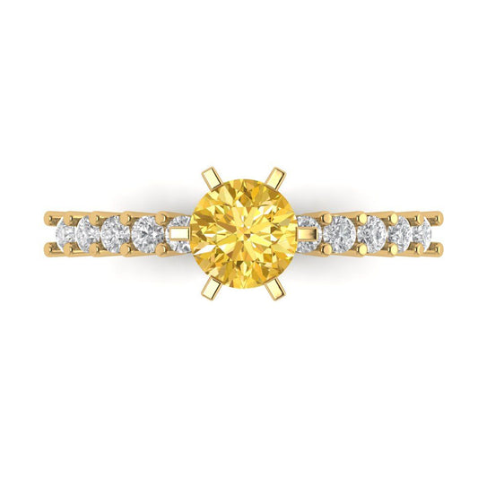 1.05 cttw Natural Citrine Solitaire with Zirconia Simulated Diamond Accents Engagement Ring - Solid Yellow Gold (VVS1, Round Cut,6.0mm)