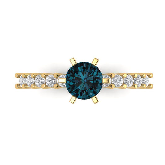 1.05 cttw Natural London Blue Topaz Solitaire with Zirconia Simulated Diamond Accents Engagement Ring - Solid Yellow Gold (VVS1, Round Cut,6.0mm)