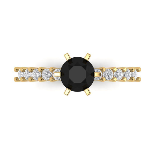 1.05 cttw Natural Onyx Solitaire with Zirconia Simulated Diamond Accents Engagement Ring - Solid Yellow Gold (VVS1, Round Cut,6.0mm)