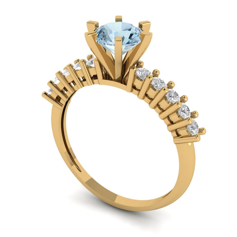 1.05 cttw Natural Swiss Blue Topaz Solitaire with Zirconia Simulated Diamond Accents Engagement Ring - Solid Gold (Round Cut,6.0mm)