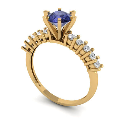 1.05 cttw Simulated Tanzanite Solitaire with Zirconia Simulated Diamond Accents Engagement Ring - Solid Gold (Round Cut,6.0mm)