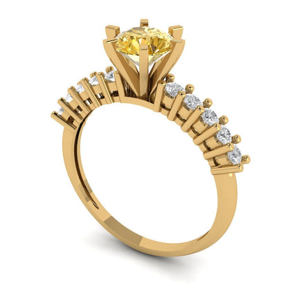 1.05 cttw Yellow Moissanite Solitaire with Zirconia Simulated Diamond Accents Engagement Ring - Solid Gold (Round Cut,6.0mm)