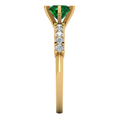 1.05 cttw Simulated Emerald Solitaire with Zirconia Simulated Diamond Accents Engagement Ring - Solid Gold (Round Cut,6.0mm)