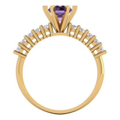 1.05 cttw Simulated Alexandrite Solitaire with Zirconia Simulated Diamond Accents Engagement Ring - Solid Gold (Round Cut,6.0mm)