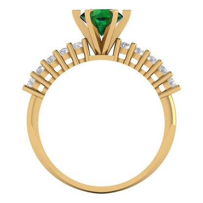 1.05 cttw Simulated Emerald Solitaire with Zirconia Simulated Diamond Accents Engagement Ring - Solid Gold (Round Cut,6.0mm)