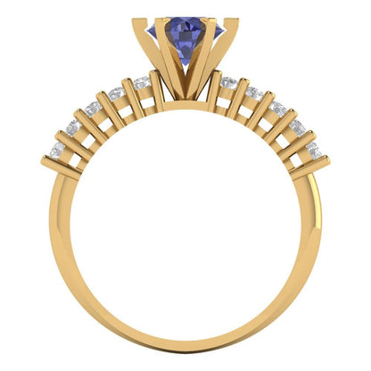 1.05 cttw Simulated Tanzanite Solitaire with Zirconia Simulated Diamond Accents Engagement Ring - Solid Gold (Round Cut,6.0mm)