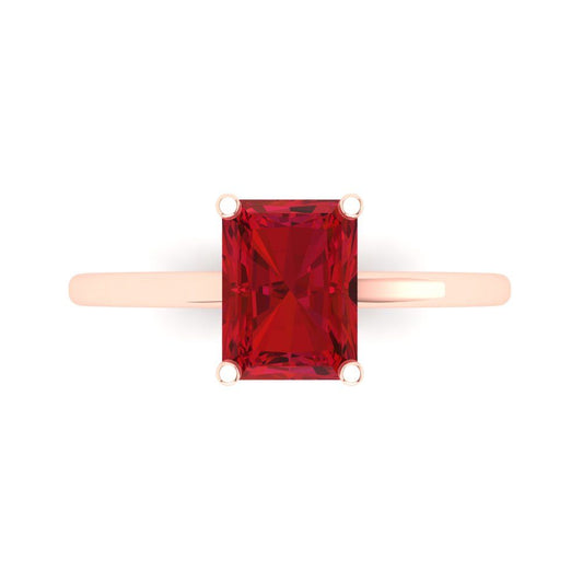 2 cttw Simulated Ruby Solitaire  Engagement Ring - Solid Rose Gold (VVS1, Emerald Cut,8x6mm)