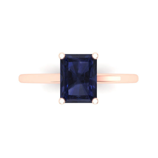 2 cttw Simulated Blue Sapphire Solitaire  Engagement Ring - Solid Rose Gold (VVS1, Emerald Cut,8x6mm)