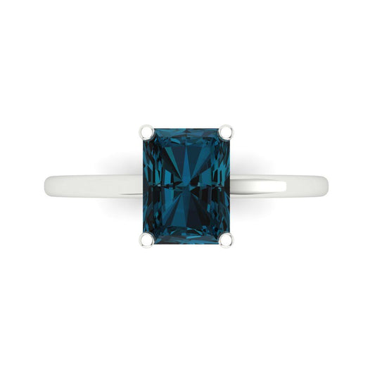 2 cttw Natural London Blue Topaz Solitaire  Engagement Ring - Solid White Gold (VVS1, Emerald Cut,8x6mm)