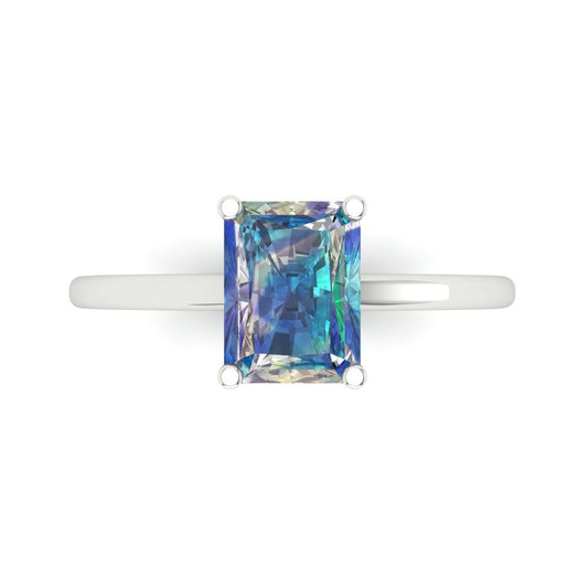 2 cttw Blue Moissanite Solitaire  Engagement Ring - Solid White Gold (VVS1, Emerald Cut,8x6mm)