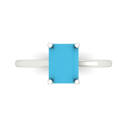 2 cttw Simulated Turquoise Solitaire  Engagement Ring - Solid White Gold (VVS1, Emerald Cut,8x6mm)