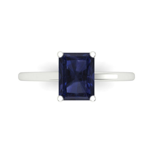 2 cttw Simulated Blue Sapphire Solitaire  Engagement Ring - Solid White Gold (VVS1, Emerald Cut,8x6mm)